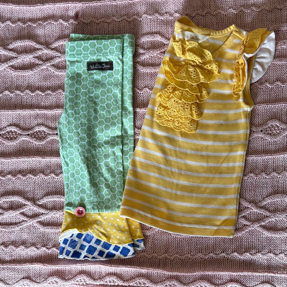Matilda Jane Yellow Stripe Ruffle Tank with Green Patterned Leggings